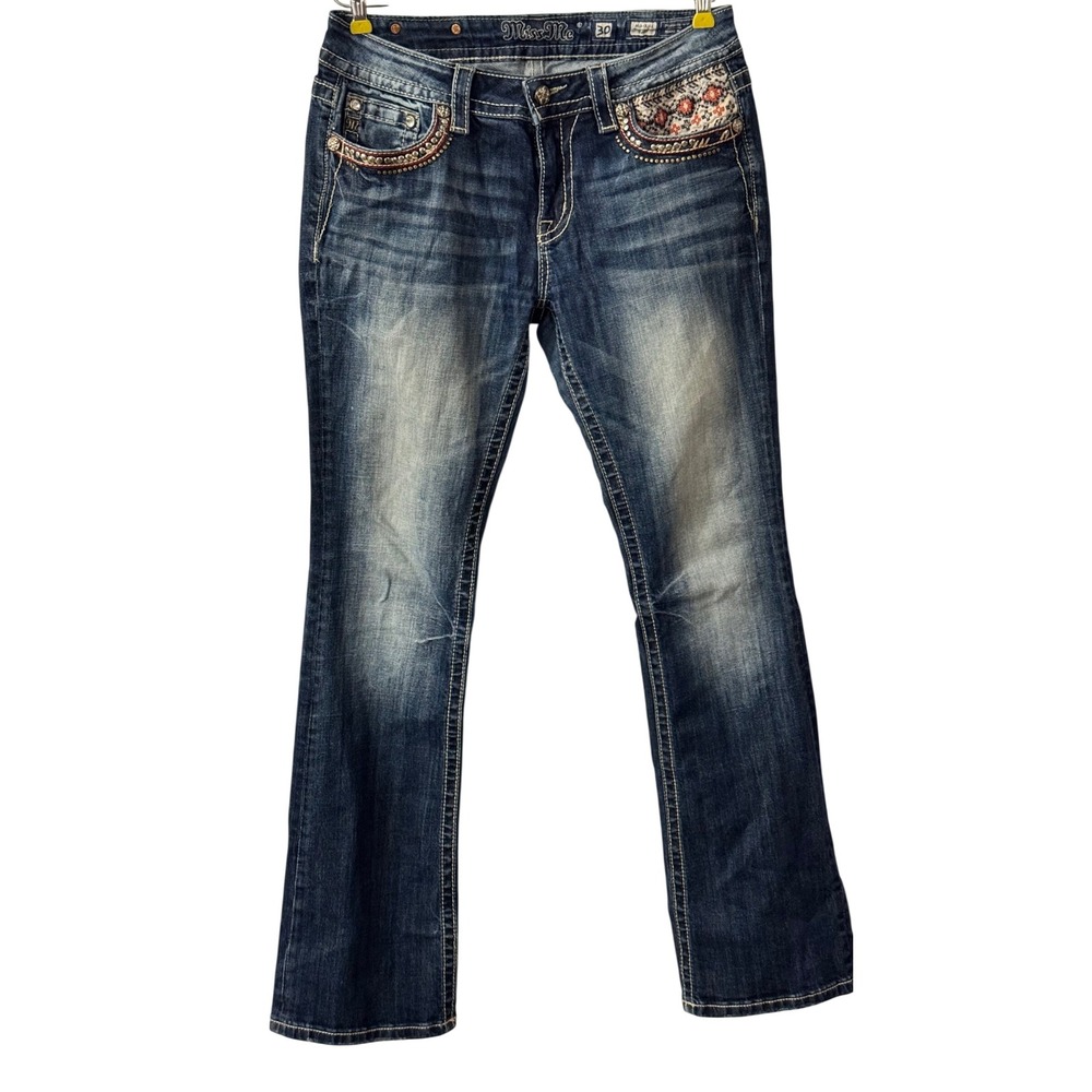 Miss Me Womens Mid Rise Bootcut Jeans 30 Embroidered Studded Dark Wash Denim